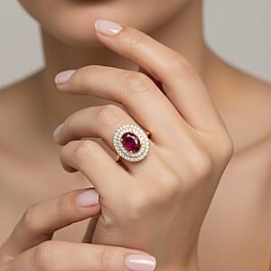 Certified & Appraised Iliana 18K Yellow Gold AAA Ruby and G-H SI Diamond Double Halo Ring (Size 7.0) 4.30 Grams 1.60 ctw