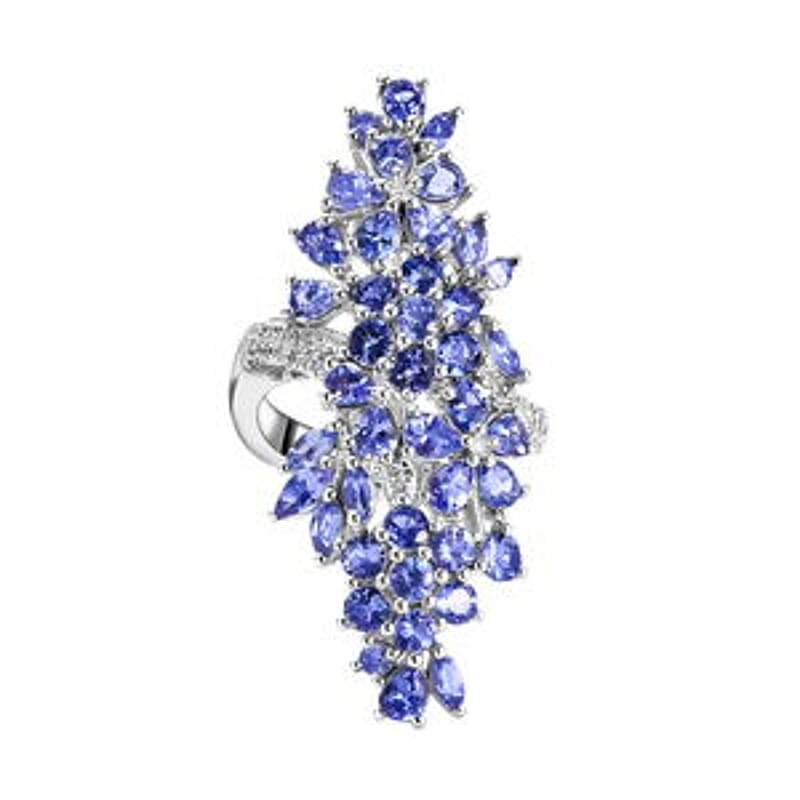 Tanzanite and Multi Gemstone 5.24 ctw Cluster Ring in Platinum Over Sterling Silver (Size 11.5)