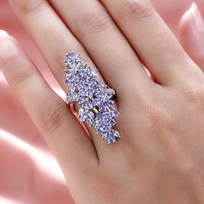 Tanzanite and Multi Gemstone 5.24 ctw Cluster Ring in Platinum Over Sterling Silver (Size 11.5)