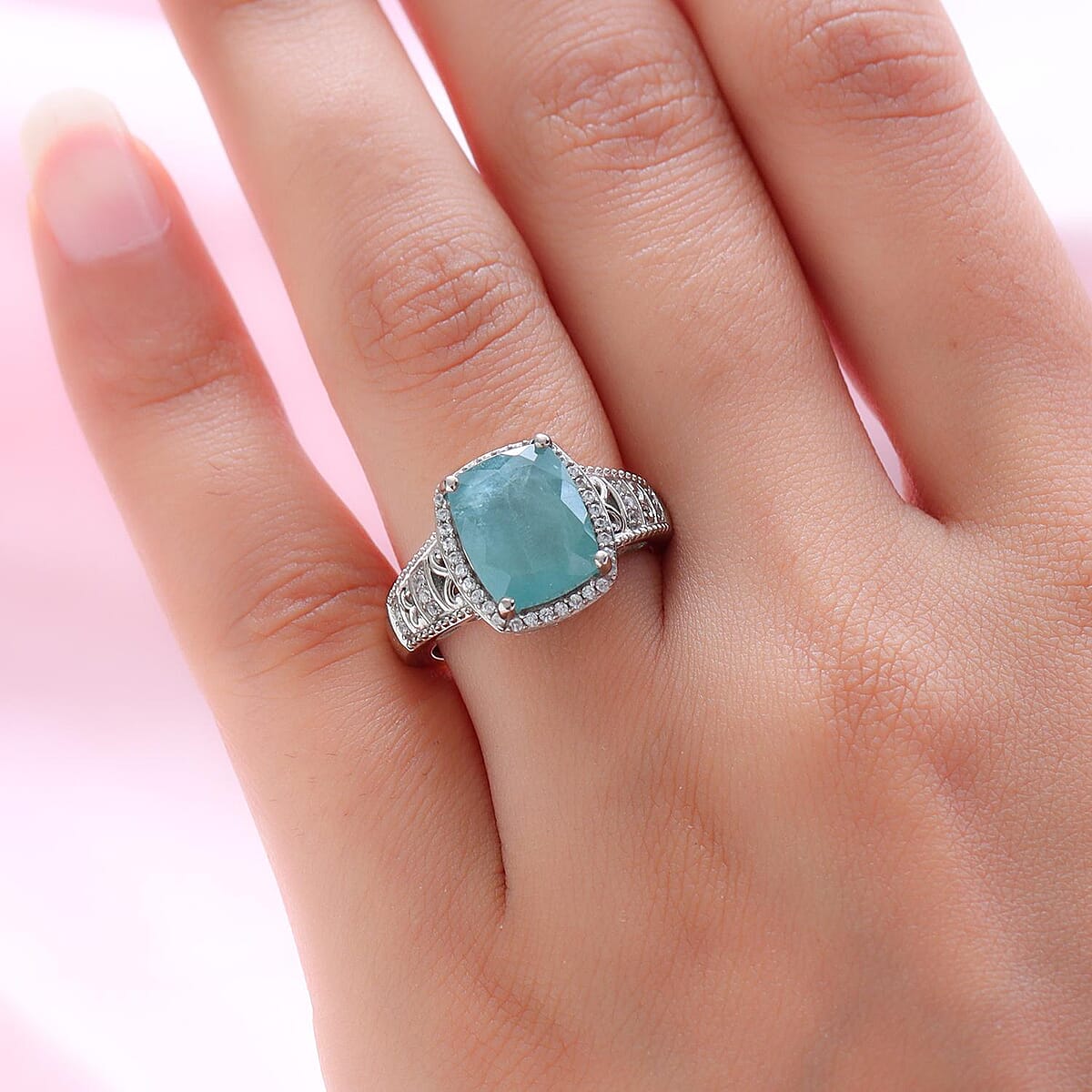 Grandidierite and Natural White Zircon Ring in Platinum Over Sterling Silver (Size 6.0) 5.00 ctw image number 2