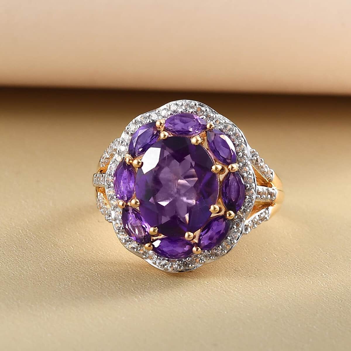 Amethyst and Natural White Zircon Floral Ring in Vermeil Yellow Gold Over Sterling Silver (Size 7.0) 4.90 ctw image number 1