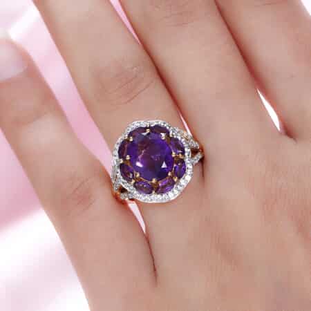 Amethyst and Natural White Zircon Floral Ring in Vermeil Yellow Gold Over Sterling Silver (Size 7.0) 4.90 ctw image number 2