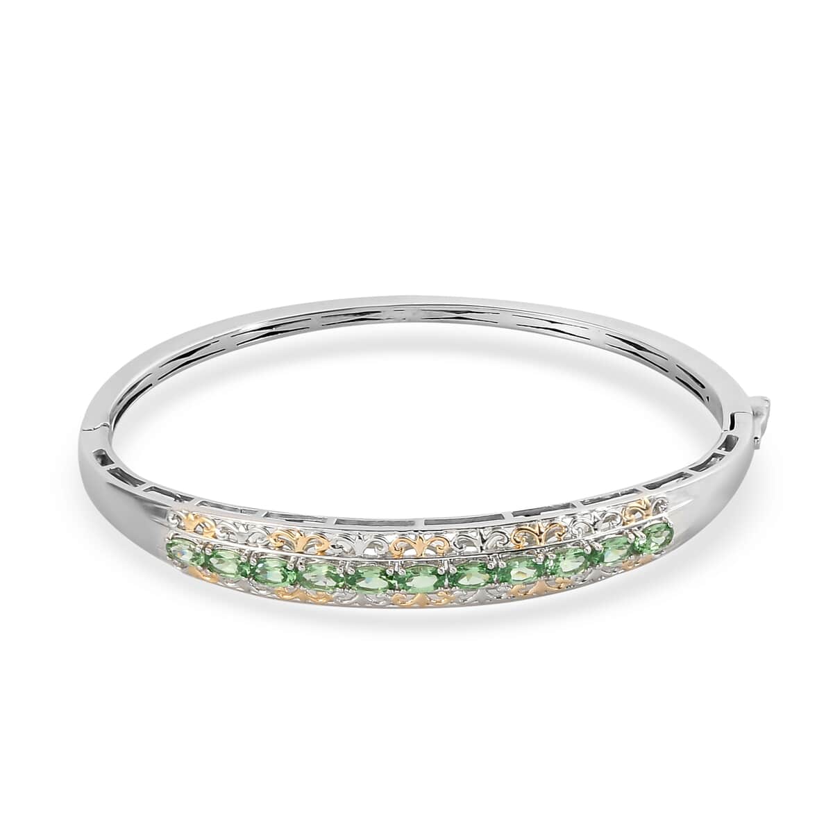 Natural Tsavorite Garnet Bangle Bracelet in Vermeil Yellow Gold and Platinum Over Sterling Silver (7.25 In) 16.80 Grams 2.85 ctw image number 0