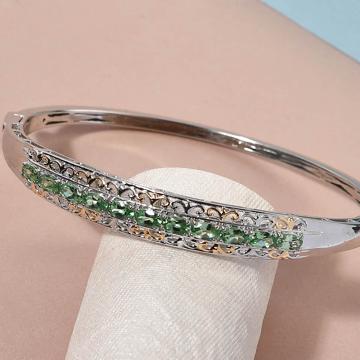 Natural Tsavorite Garnet Bangle Bracelet in Vermeil Yellow Gold and Platinum Over Sterling Silver (7.25 In) 16.80 Grams 2.85 ctw image number 1