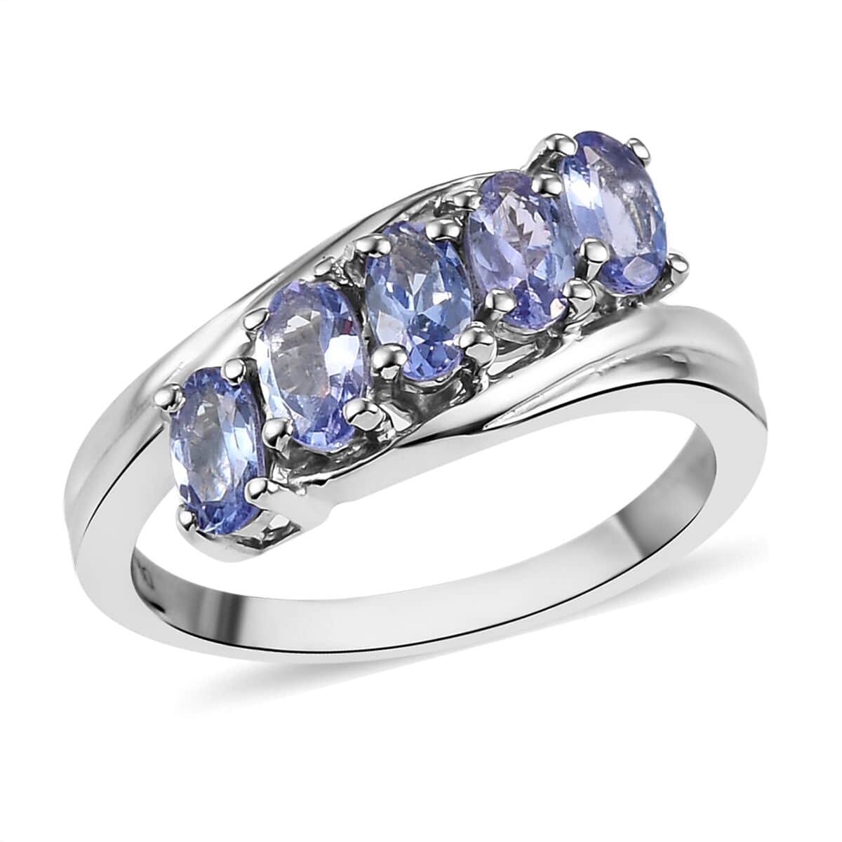 Tanzanite 5 Stone Ring in Platinum Over Sterling Silver (Size 6.0) 1.10 ctw image number 0