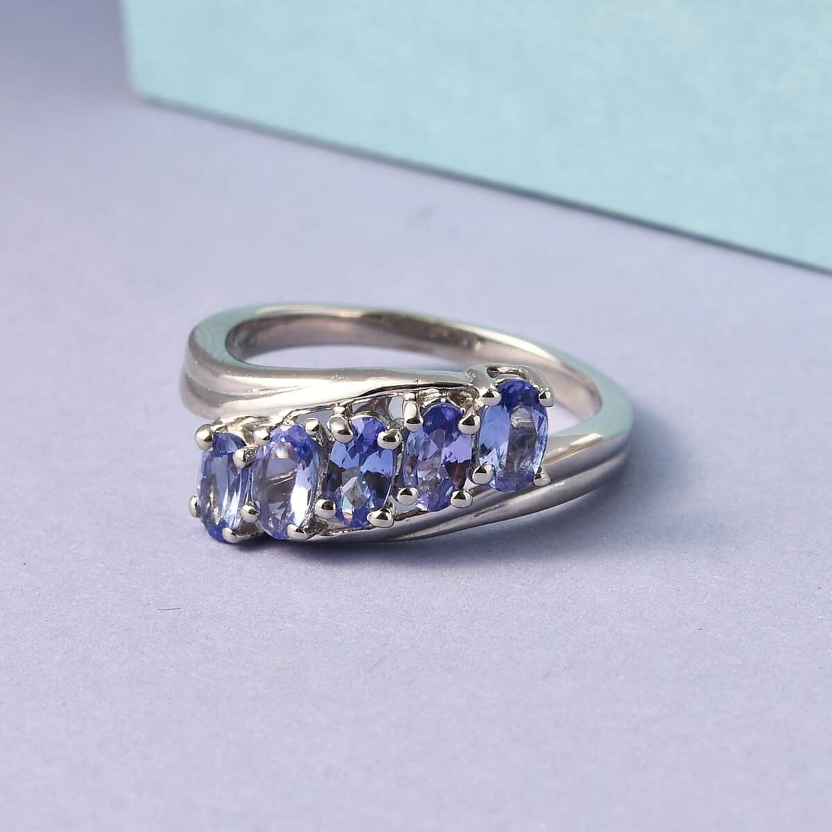 Tanzanite 5 Stone Ring in Platinum Over Sterling Silver (Size 6.0) 1.10 ctw image number 1