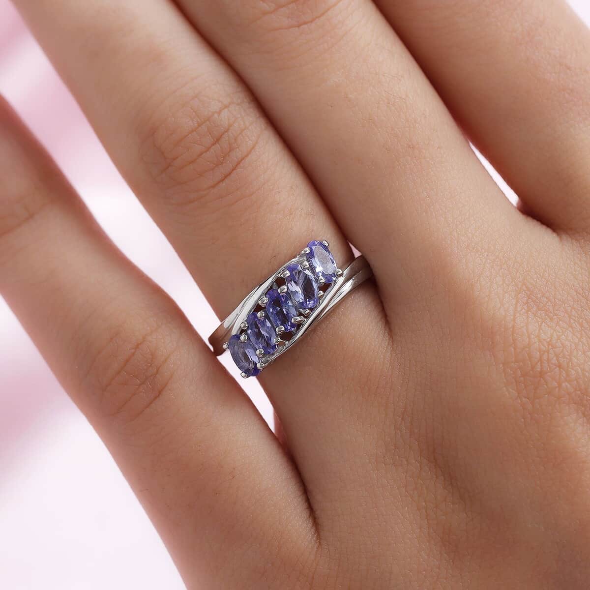 Tanzanite 5 Stone Ring in Platinum Over Sterling Silver (Size 6.0) 1.10 ctw image number 2