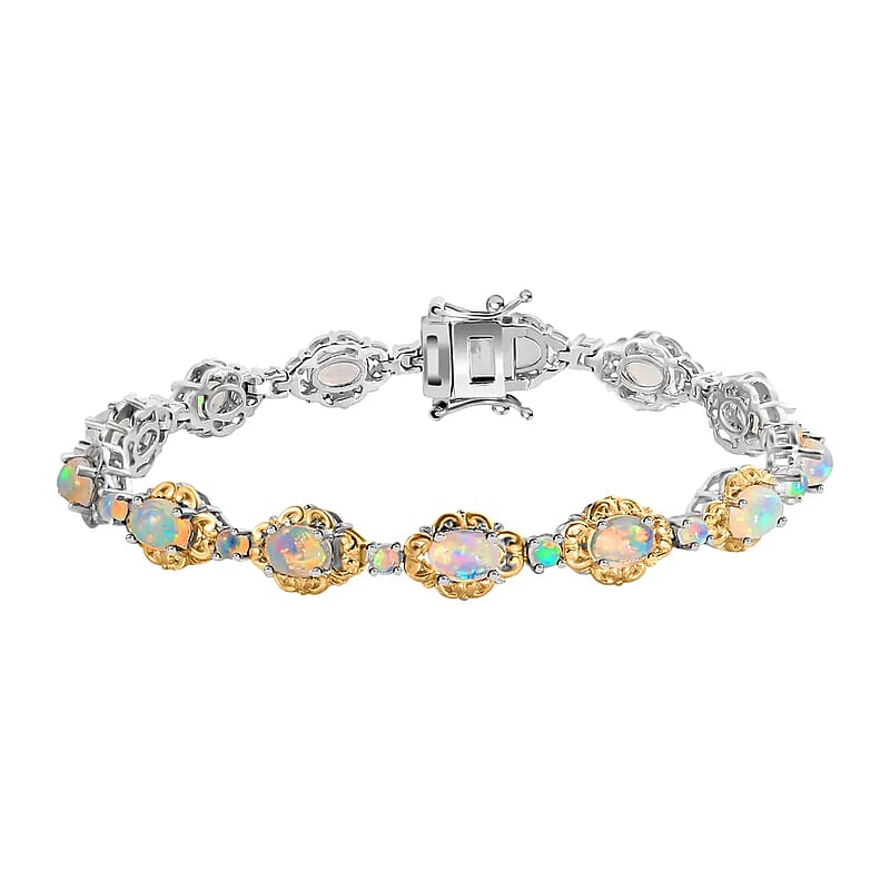 Premium Ethiopian Welo Opal Bracelet in Platinum & Vermeil Yellow Gold Plated Sterling Silver, Opal Silver Bracelet, Welo Opal Jewelry, Birthday Gifts (6.50 In) 5.90 ctw