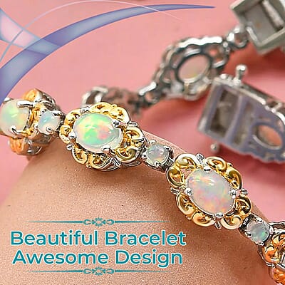 Premium Ethiopian Welo Opal Bracelet in Platinum & Vermeil Yellow Gold Plated Sterling Silver, Opal Silver Bracelet, Welo Opal Jewelry, Birthday Gifts (6.50 In) 5.90 ctw
