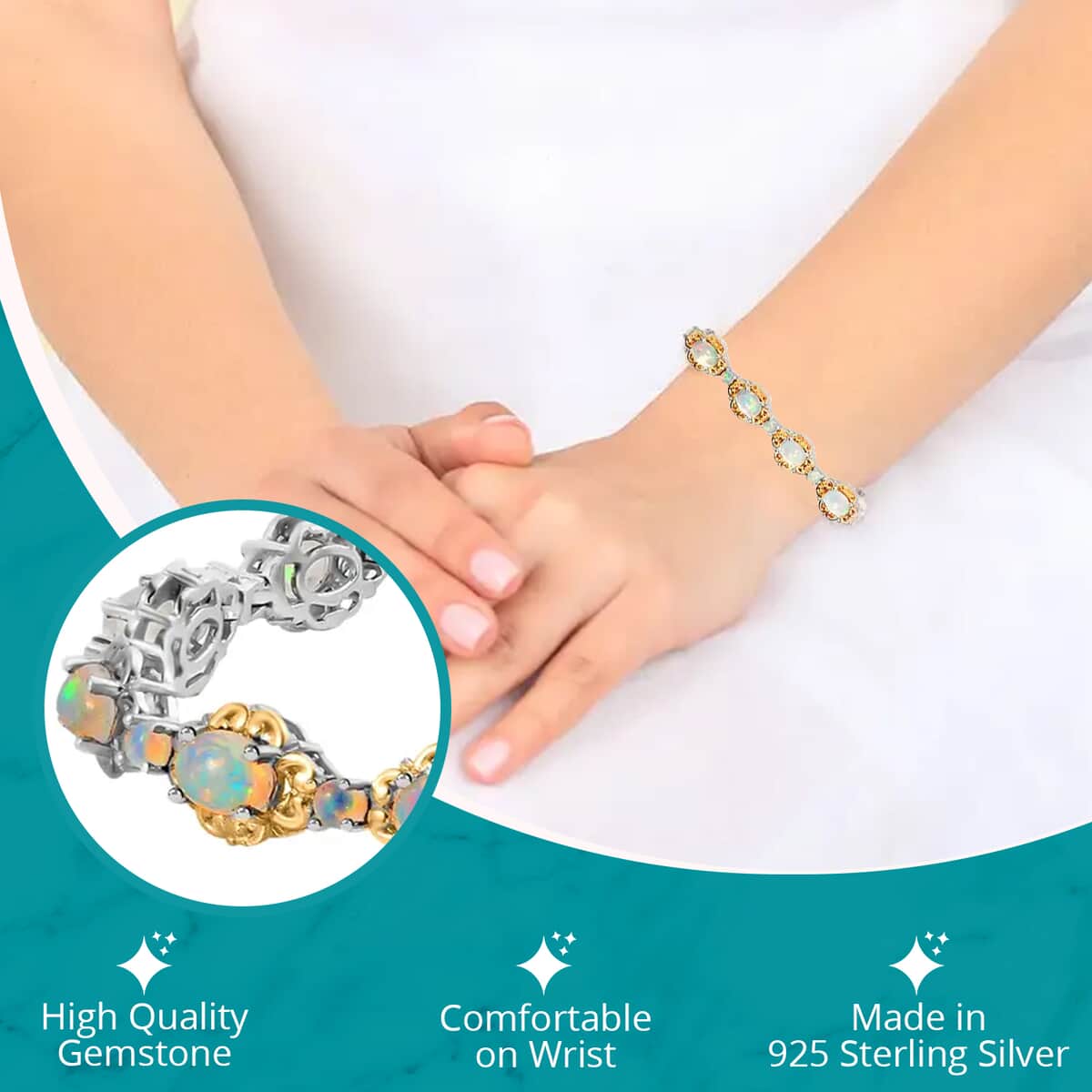 Premium Ethiopian Welo Opal Bracelet in Platinum & Vermeil Yellow Gold Plated Sterling Silver, Opal Silver Bracelet, Welo Opal Jewelry, Birthday Gifts (6.50 In) 5.90 ctw image number 2