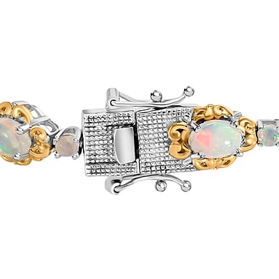Premium Ethiopian Welo Opal Bracelet in Platinum & Vermeil Yellow Gold Plated Sterling Silver, Opal Silver Bracelet, Welo Opal Jewelry, Birthday Gifts (6.50 In) 5.90 ctw