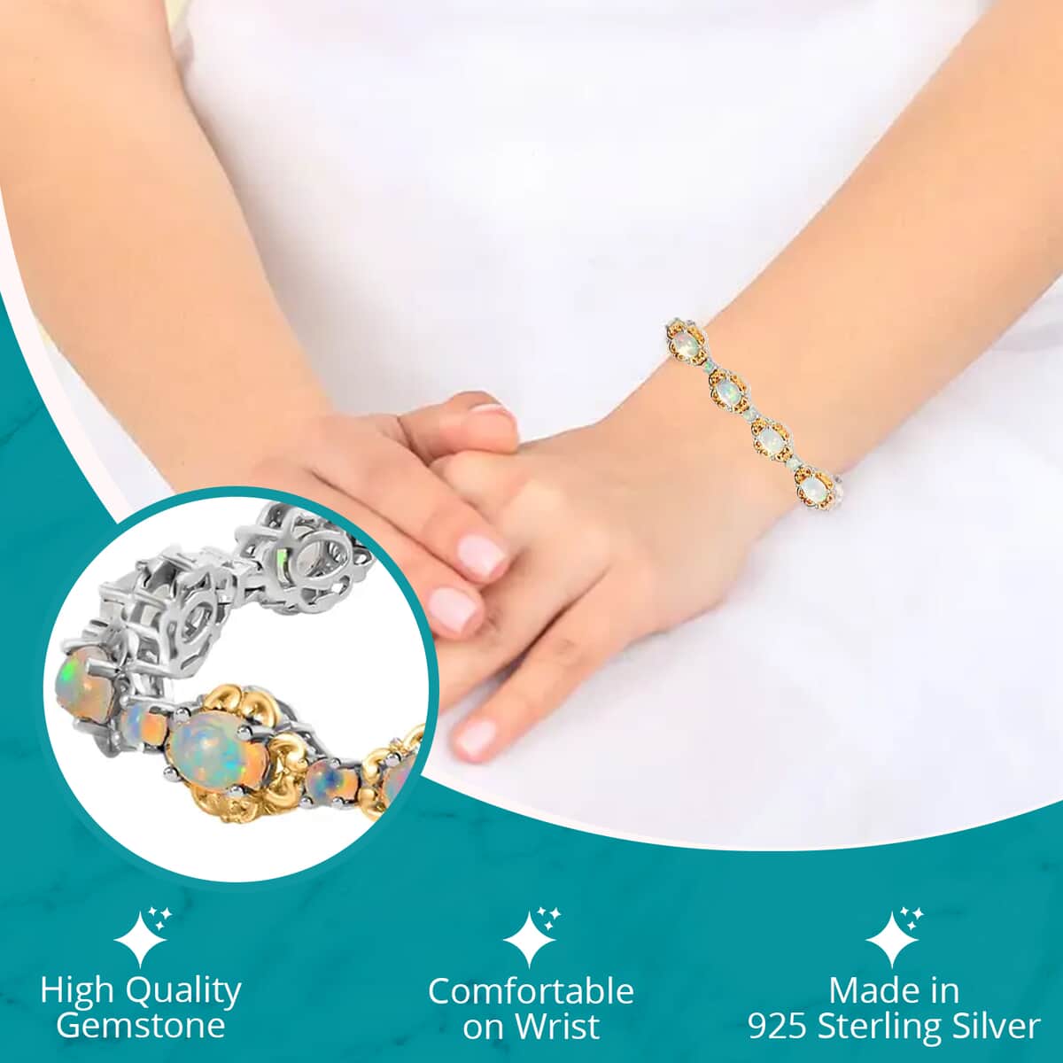 Premium Ethiopian Welo Opal Bracelet in Platinum & Vermeil Yellow Gold Plated Sterling Silver, Opal Silver Bracelet, Welo Opal Jewelry, Birthday Gifts (7.25 In) 7.00 ctw image number 2