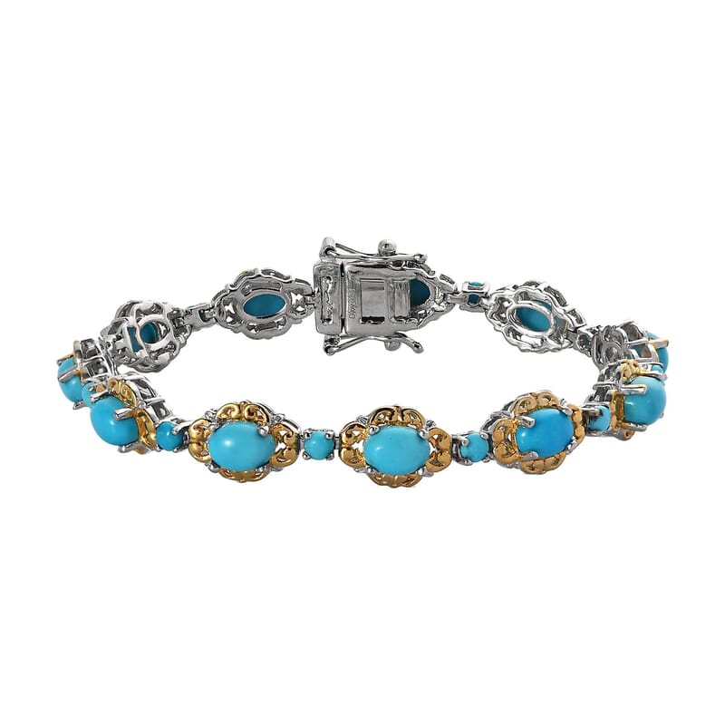 Sleeping Beauty Turquoise Bracelet in Platinum & Vermeil Yellow Gold-Plated Sterling Silver, Turquoise Silver Bracelet, Turquoise Jewelry, Birthday Gifts (6.50 In) 8.35 ctw