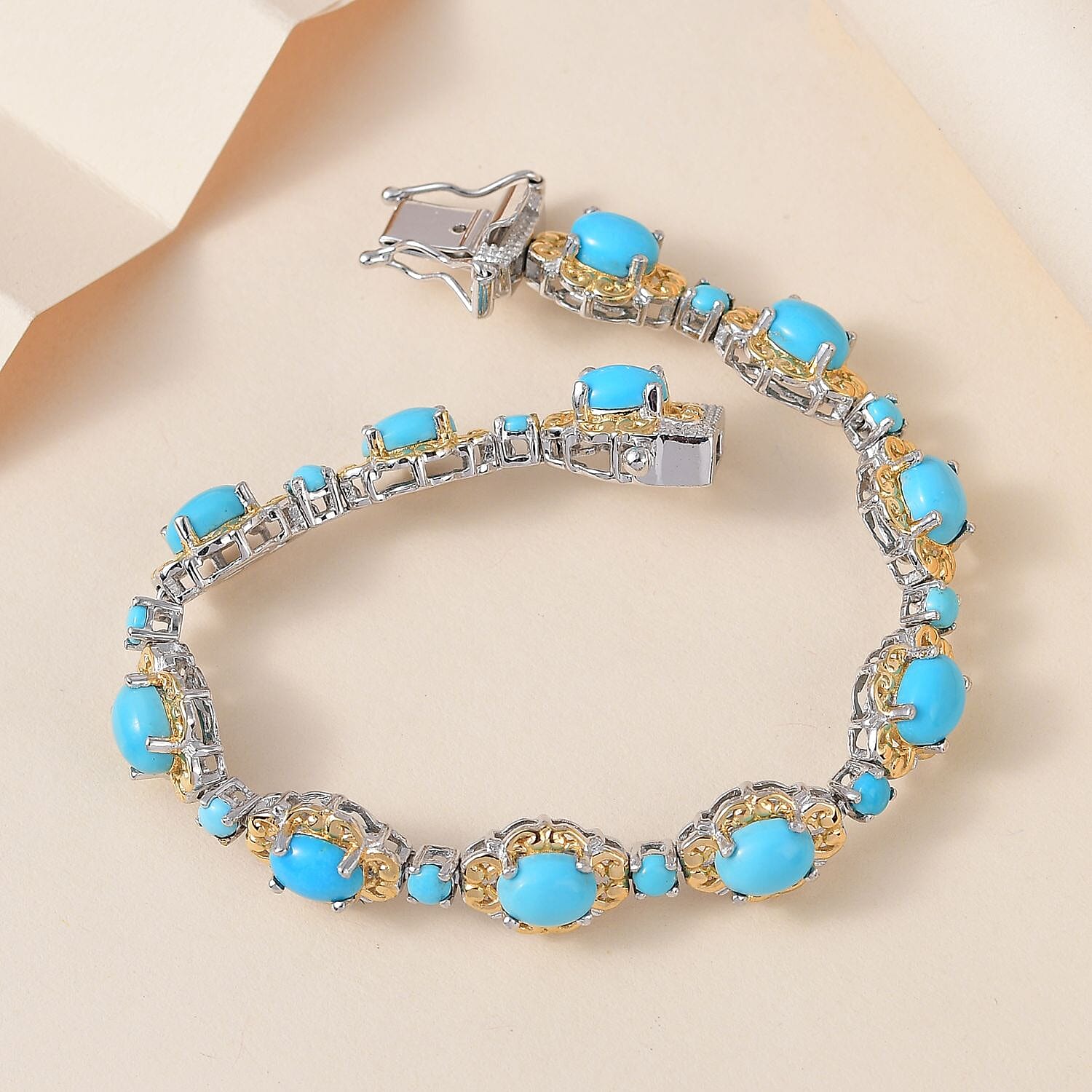 Sleeping Beauty Turquoise Bracelet in Platinum & Vermeil Yellow Gold-Plated Sterling Silver, Turquoise Silver Bracelet, Turquoise Jewelry, Birthday Gifts (6.50 In) 8.35 ctw