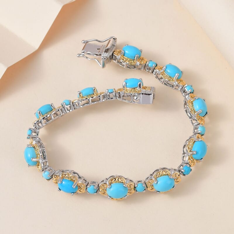 Sleeping Beauty Turquoise Bracelet in Platinum & Vermeil Yellow Gold-Plated Sterling Silver, Turquoise Silver Bracelet, Turquoise Jewelry, Birthday Gifts (6.50 In) 8.35 ctw