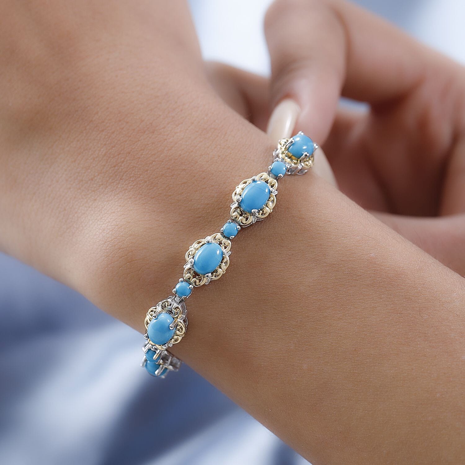 Sleeping Beauty Turquoise Bracelet in Platinum & Vermeil Yellow Gold-Plated Sterling Silver, Turquoise Silver Bracelet, Turquoise Jewelry, Birthday Gifts (6.50 In) 8.35 ctw
