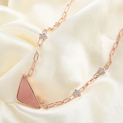 Peruvian Pink Opal and White Zircon 11.90 ctw Paper Clip Star Station Necklace in Vermeil Rose Gold Over Sterling Silver 18 Inches