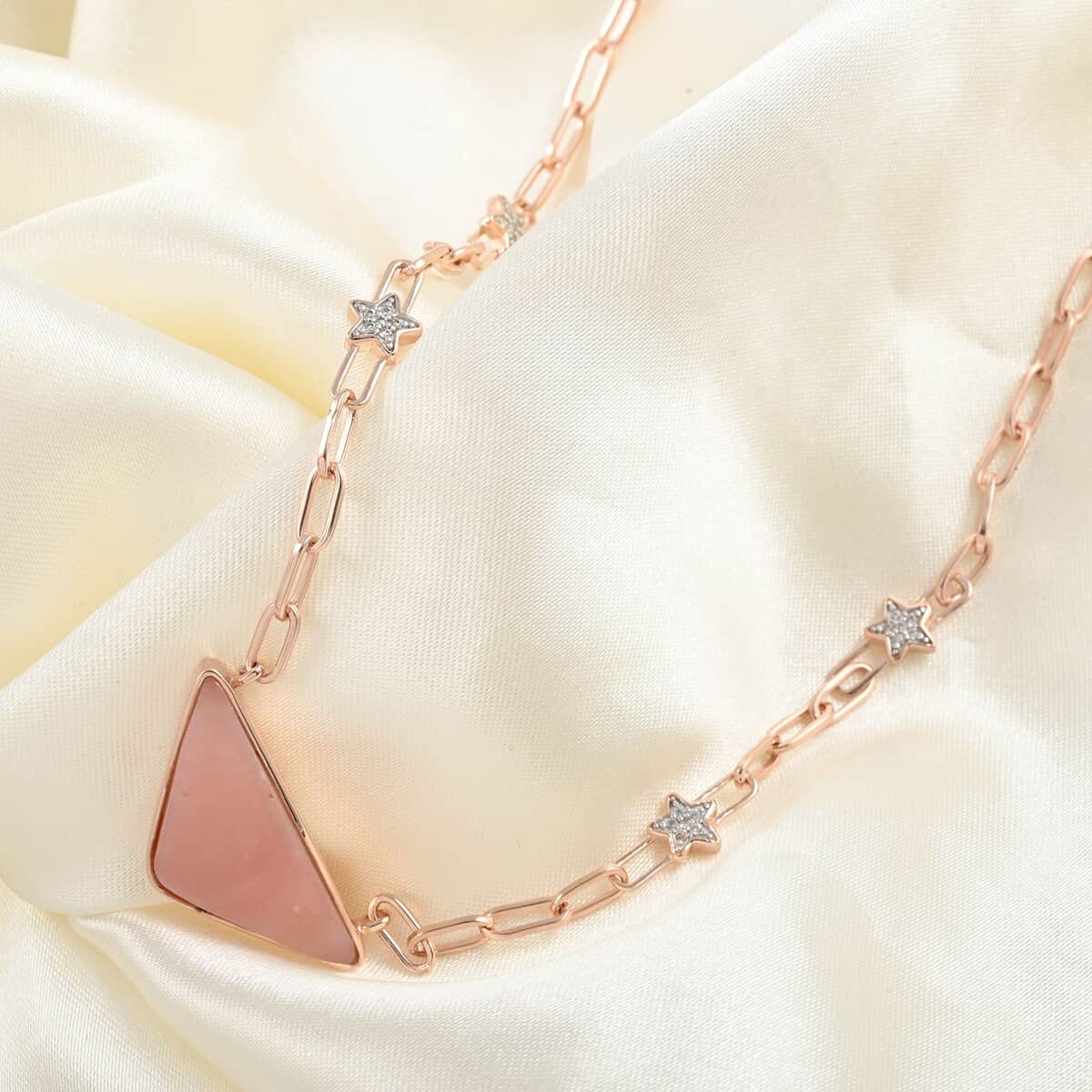 Peruvian Pink Opal and White Zircon Paper Clip Star Station Necklace 18 Inches in Vermeil Rose Gold Over Sterling Silver 11.90 ctw image number 1