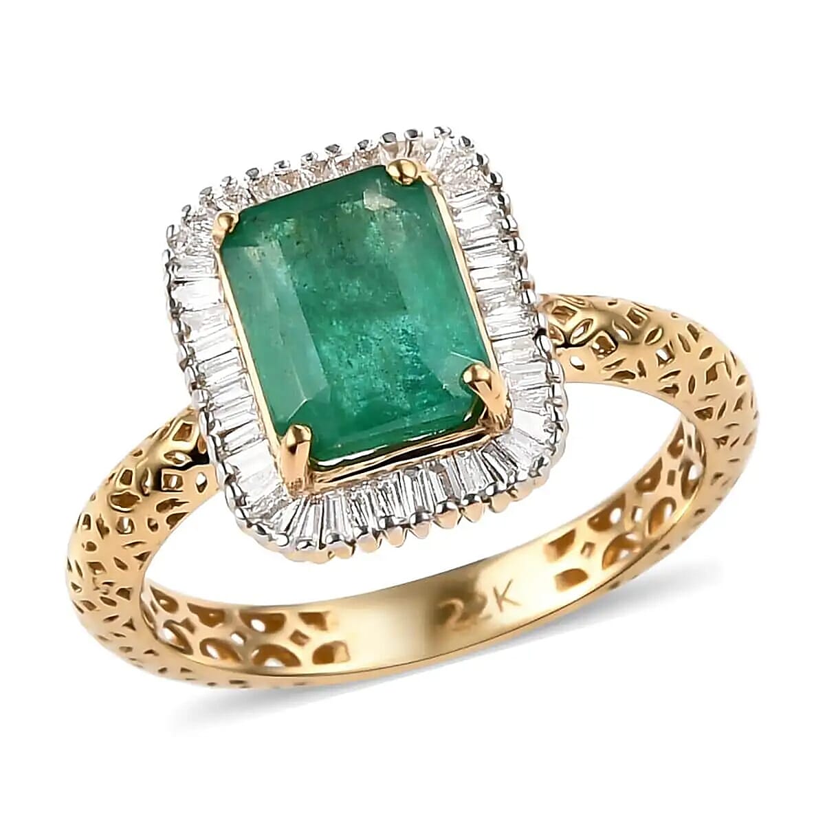 MIRAGE COLLECTION 22K Yellow Gold AAA Kagem Zambian Emerald and G-H SI2 Diamond Halo Ring (Size 7.0) 2.70 Grams 1.85 ctw image number 0