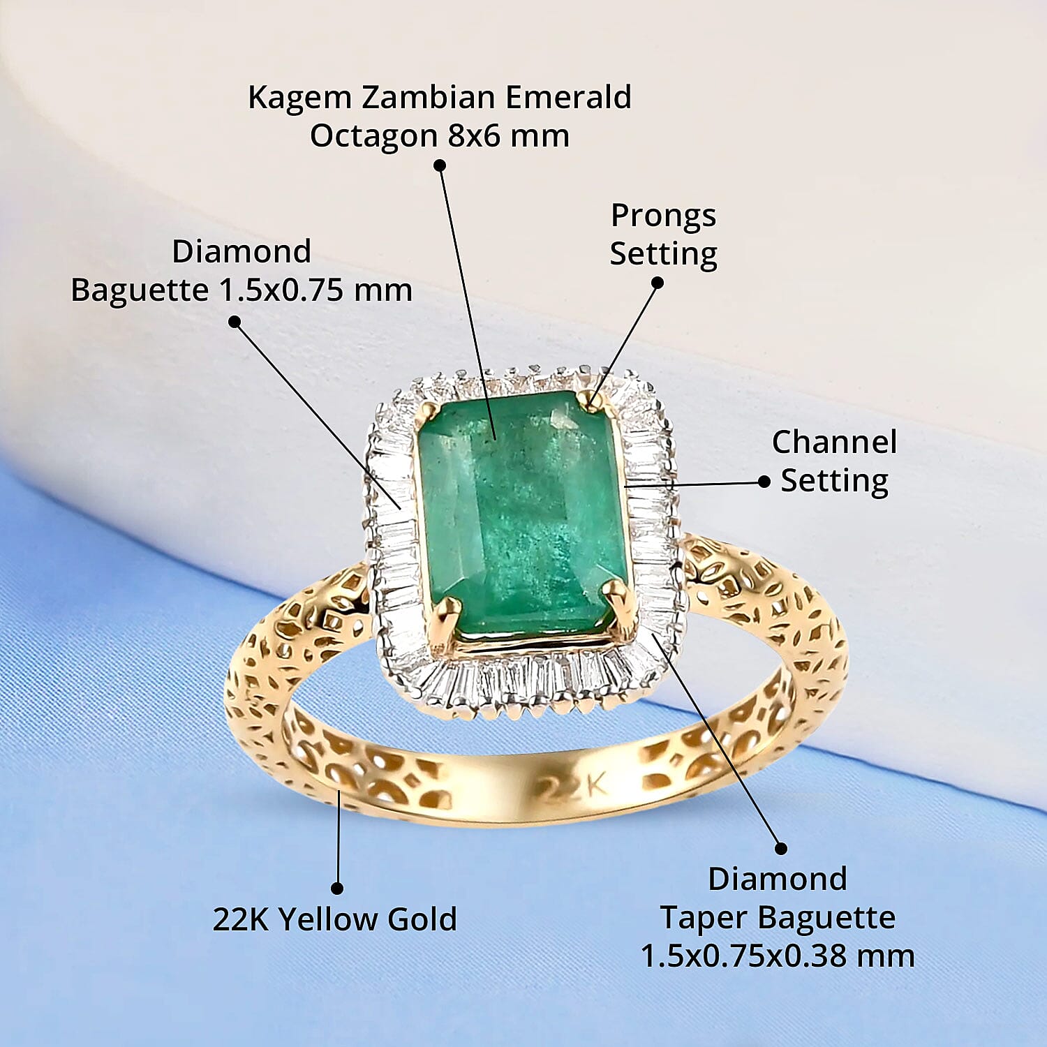 Mirage Collection 22K Yellow Gold AAA Kagem Zambian Emerald and G-H SI2 Diamond Halo Ring (Size 6.0) 2.70 Grams 1.85 ctw