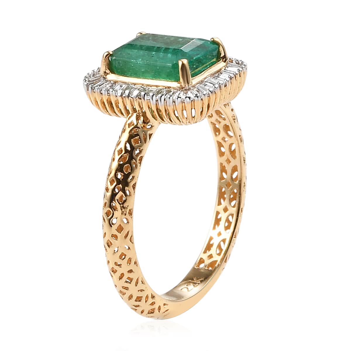 Mirage Collection 22K Yellow Gold AAA Kagem Zambian Emerald and G-H SI2 Diamond Halo Ring (Size 7.0) 2.70 Grams 1.85 ctw image number 3
