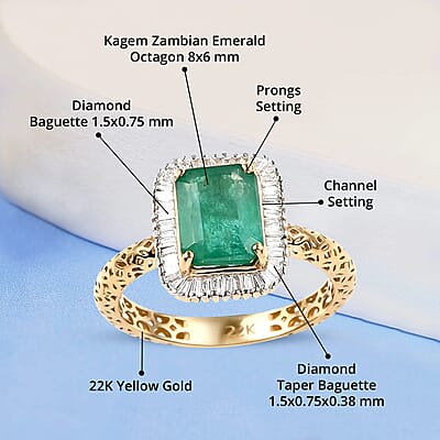 Mirage Collection 22K Yellow Gold AAA Kagem Zambian Emerald and G-H SI2 Diamond Halo Ring (Size 7.0) 2.70 Grams 1.85 ctw