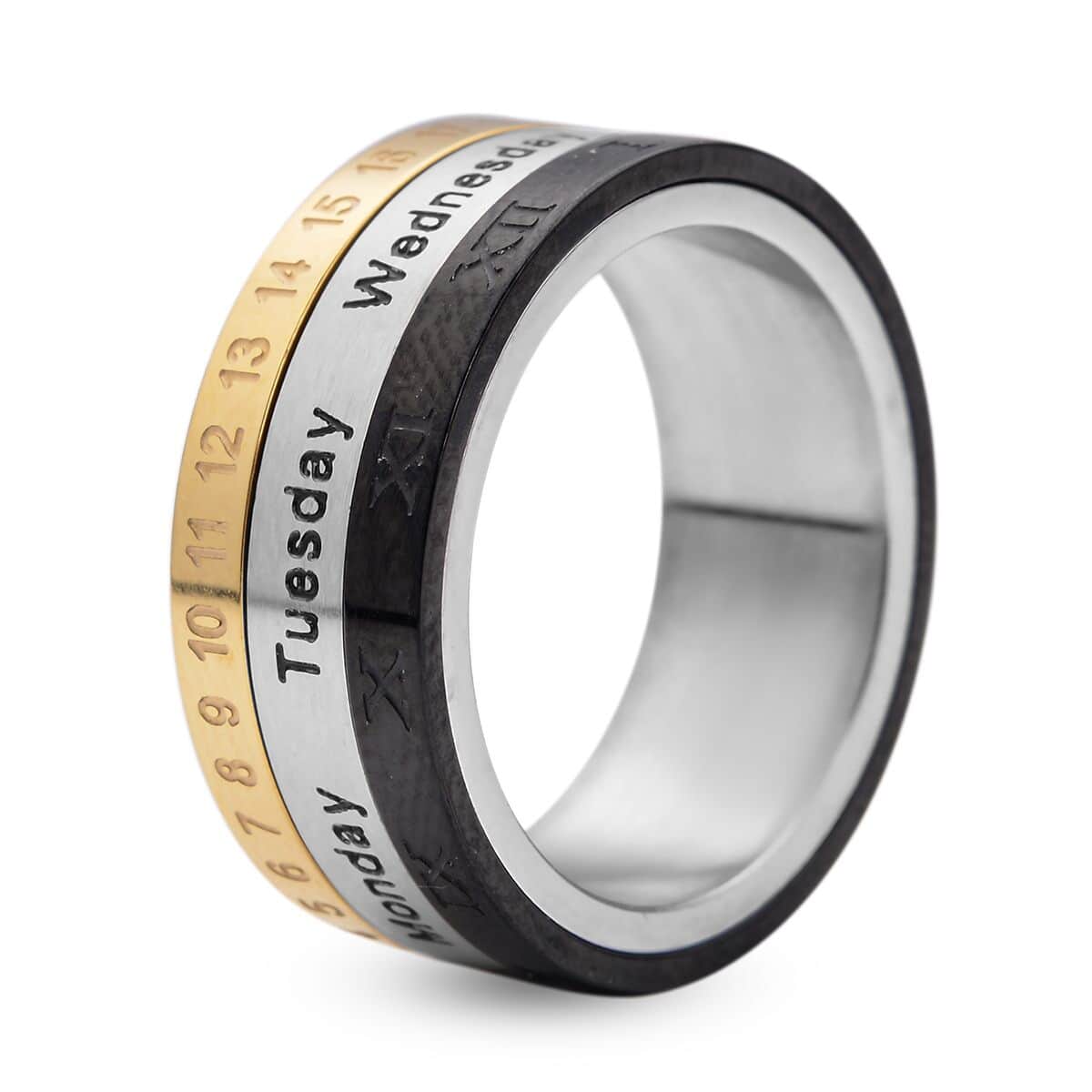 Rotatable Roman Numerals Calendar Ring in Black Enameled, ION Plated YG and Stainless Steel (Size 10.0) image number 3