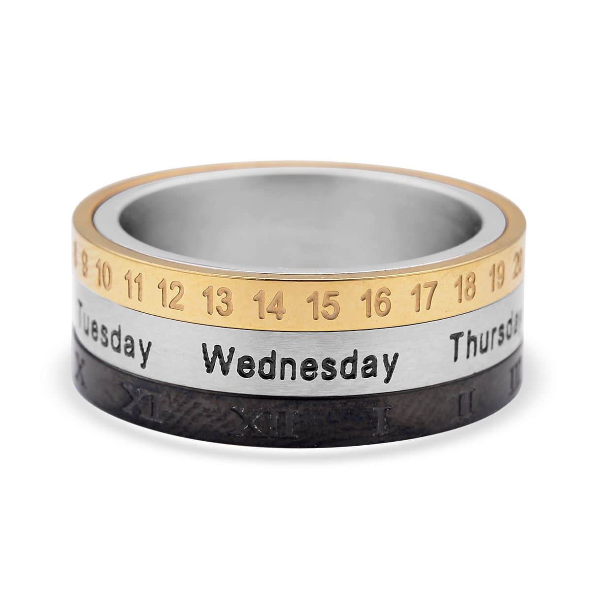 Rotatable Roman Numerals Calendar Ring in Black Enameled, ION Plated YG and Stainless Steel (Size 10.0) image number 4