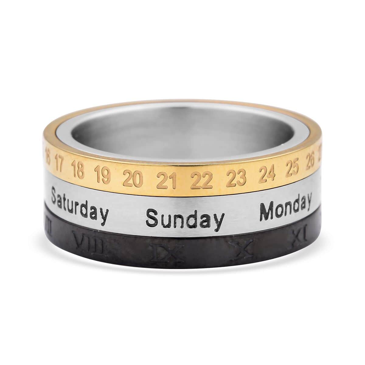 Rotatable Roman Numerals Calendar Ring in Black Enameled, ION Plated YG and Stainless Steel (Size 7.0) | Tarnish-Free, Waterproof, Sweat Proof Jewelry image number 0