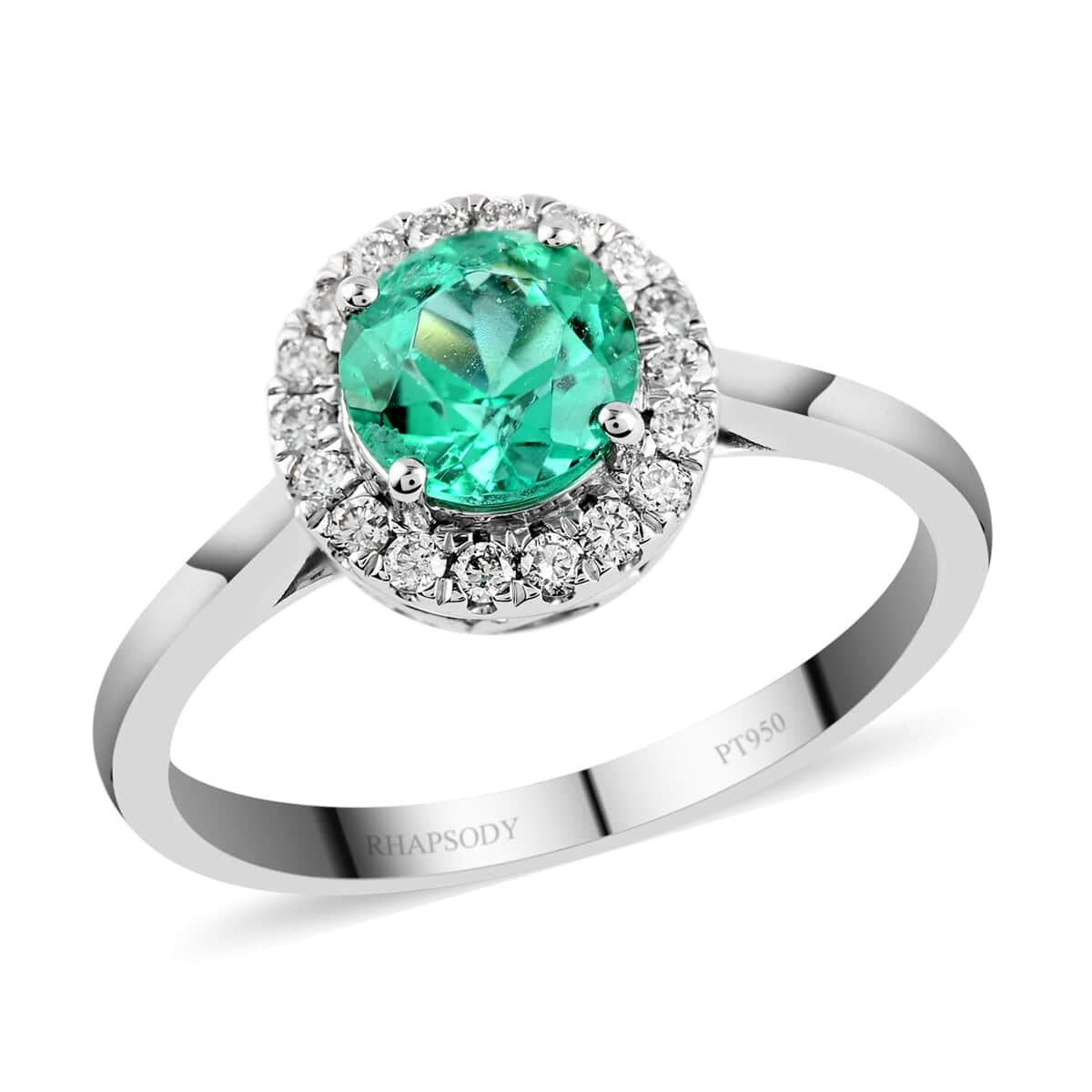 Certified and Appraised RHAPSODY 950 Platinum AAAA Boyaca Colombian Emerald and E-F VS Diamond Halo Ring (Size 6.0) 5.25 Grams 1.50 ctw image number 0
