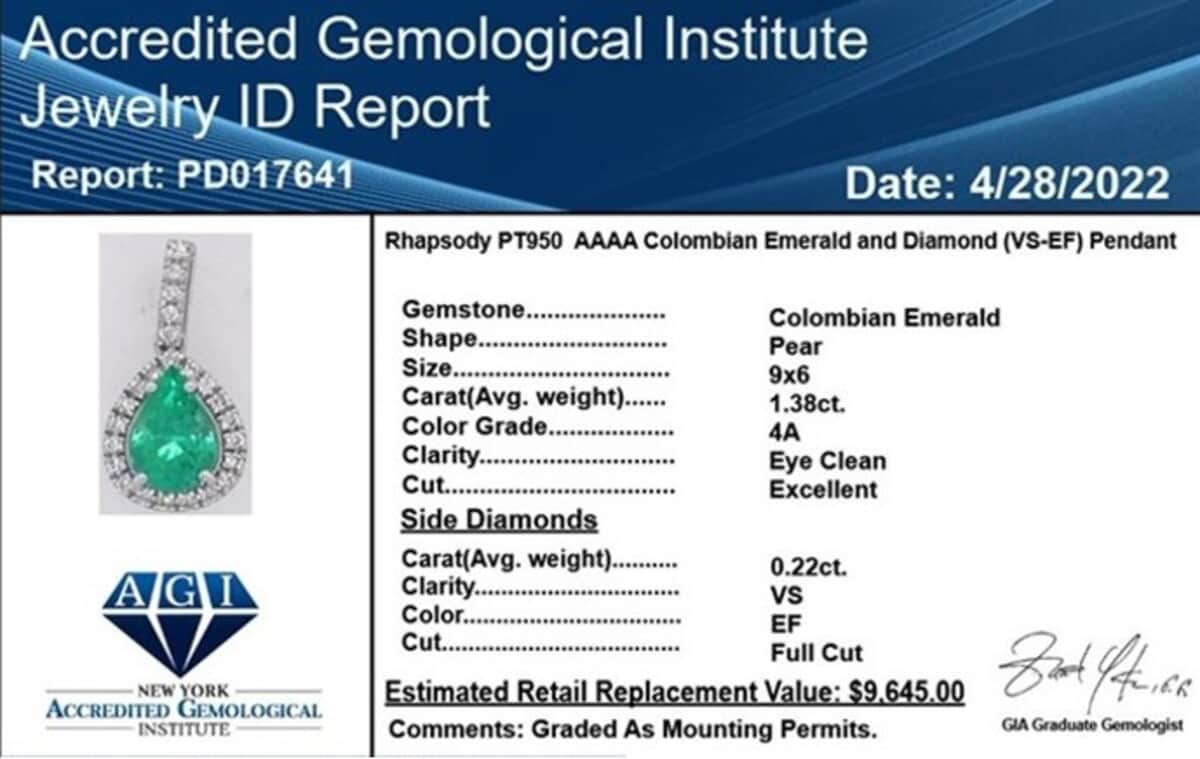 Certified & Appraised Rhapsody 950 Platinum AAAA Boyaca Colombian Emerald and E-F VS Diamond Pendant 1.60 ctw image number 4