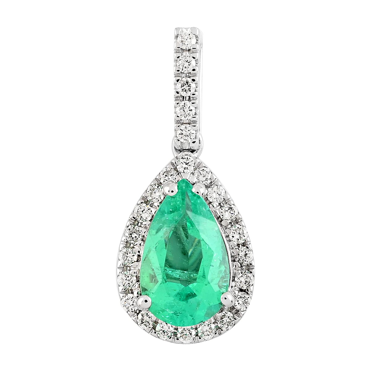 Certified & Appraised Rhapsody 950 Platinum AAAA Boyaca Colombian Emerald and E-F VS Diamond Halo Pendant 1.65 ctw