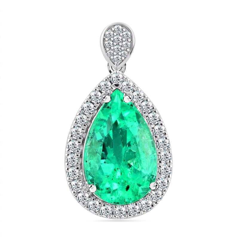 Certified and Appraised Rhapsody 950 Platinum AAAA Boyaca Colombian Emerald and E-F VS Diamond Pendant 4.80 Grams 4.60 ctw