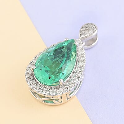 Certified Rhapsody 950 Platinum AAAA Boyaca Colombian Emerald and E-F VS Diamond Pendant 4.80 Grams 4.60 ctw