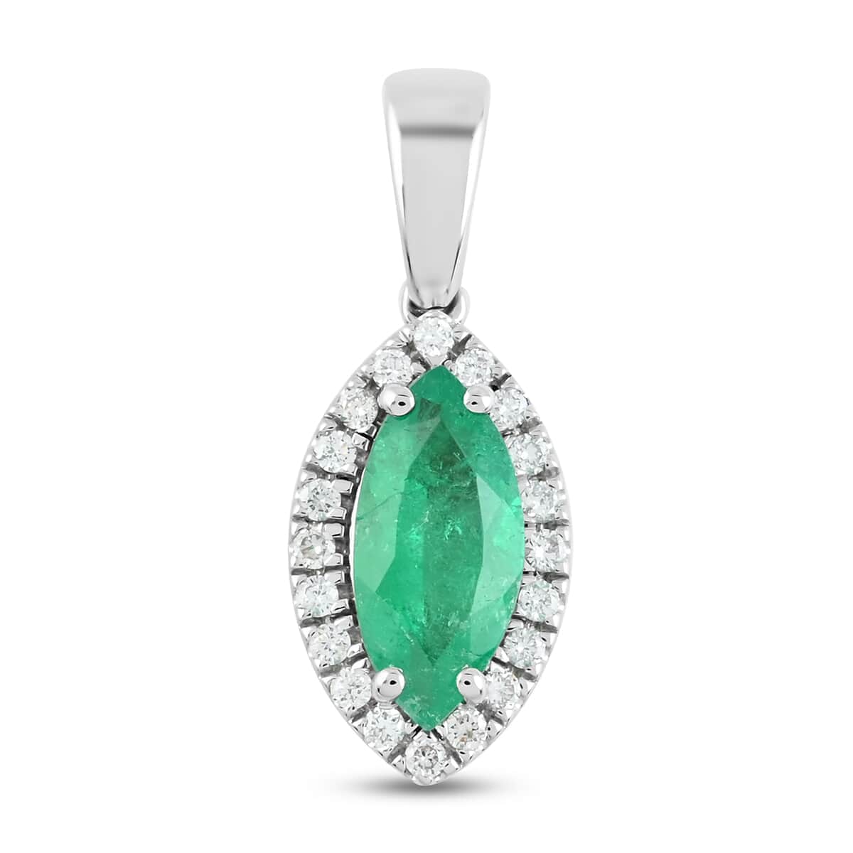 Certified & Appraised Rhapsody 950 Platinum AAAA Boyaca Colombian Emerald and E-F VS Diamond Halo Pendant 1.20 ctw image number 0