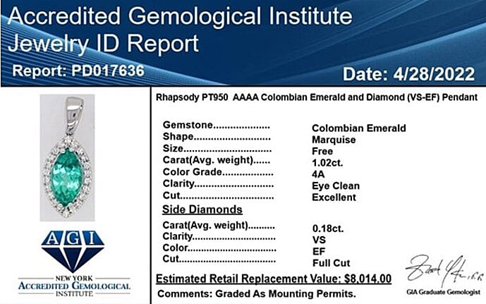 Certified & Appraised Rhapsody 950 Platinum AAAA Boyaca Colombian Emerald and E-F VS Diamond Halo Pendant 1.20 ctw