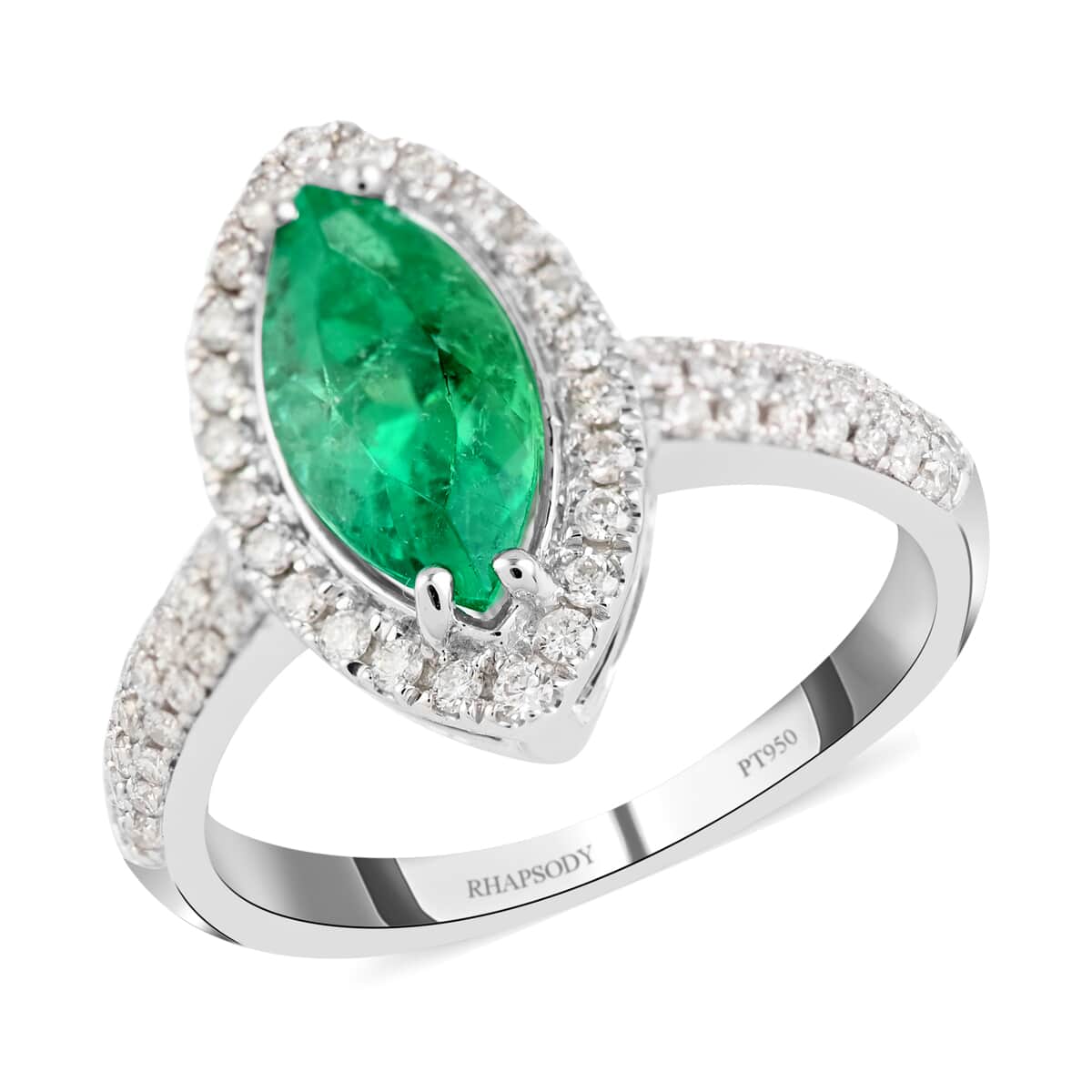 Certified and Appraised Rhapsody 950 Platinum AAAA Boyaca Colombian Emerald and E-F VS Diamond Halo Ring (Size 7.0) 5.75 Grams 2.30 ctw image number 0