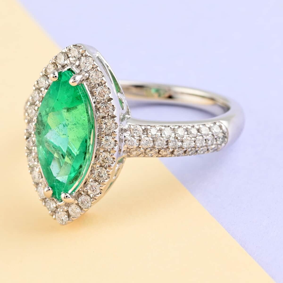 Certified and Appraised Rhapsody 950 Platinum AAAA Boyaca Colombian Emerald and E-F VS Diamond Halo Ring (Size 7.0) 5.75 Grams 2.30 ctw image number 1