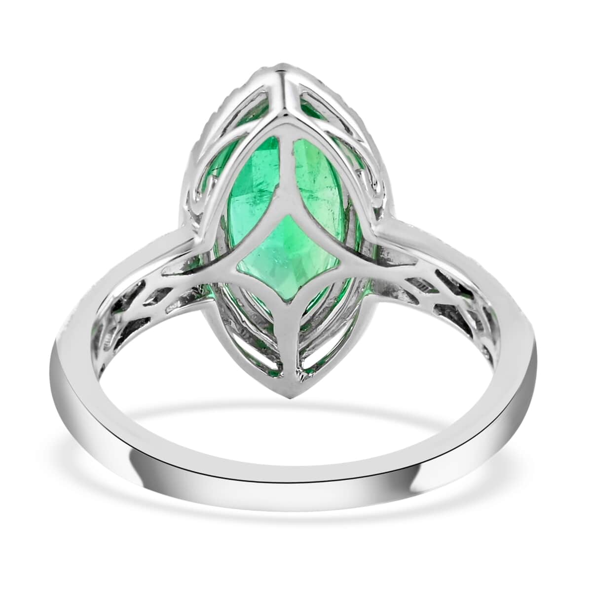 Certified and Appraised Rhapsody 950 Platinum AAAA Boyaca Colombian Emerald and E-F VS Diamond Halo Ring (Size 7.0) 5.75 Grams 2.30 ctw image number 4