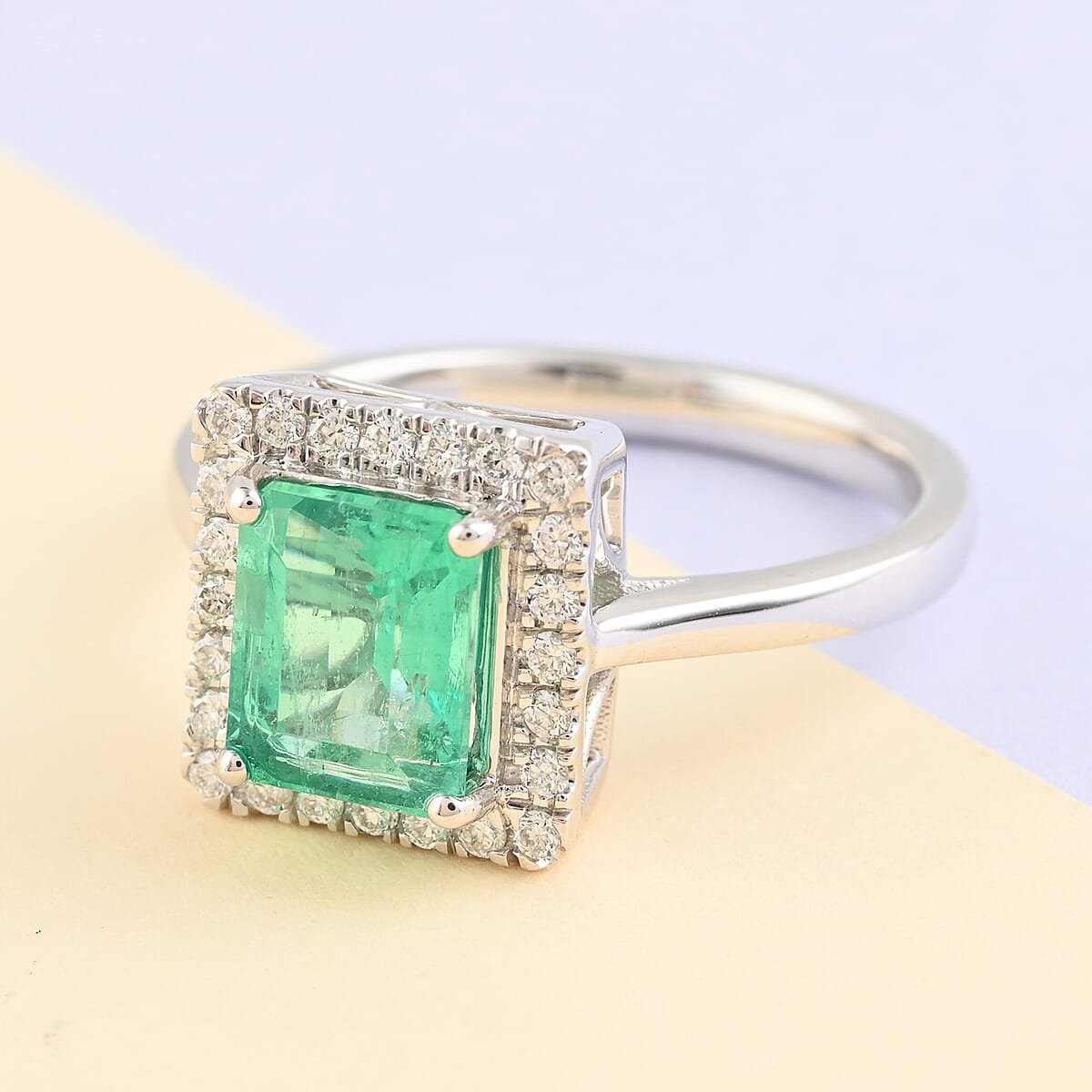 Certified Rhapsody 950 Platinum AAAA Boyaca Colombian Emerald and E-F VS Diamond Halo Ring (Size 8.0) 6 Grams 1.50 ctw image number 1