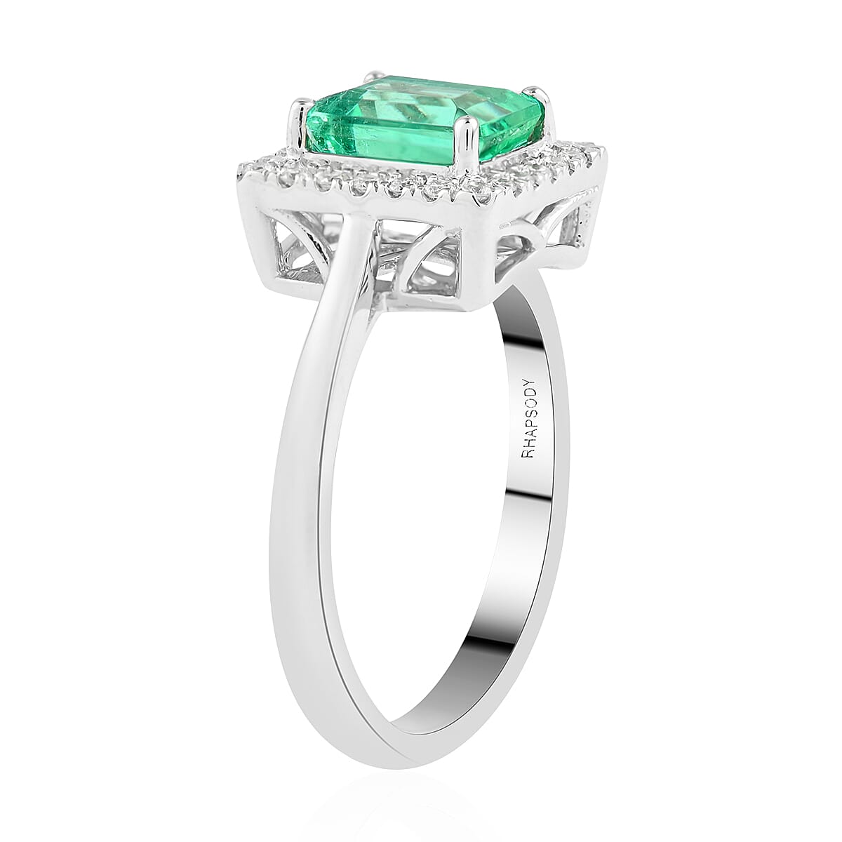 Certified Rhapsody 950 Platinum AAAA Boyaca Colombian Emerald and E-F VS Diamond Halo Ring (Size 8.0) 6 Grams 1.50 ctw image number 3