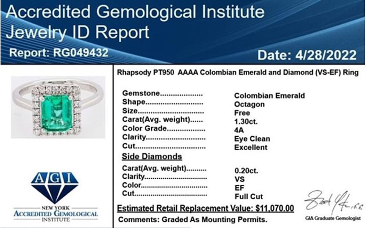 Certified Rhapsody 950 Platinum AAAA Boyaca Colombian Emerald and E-F VS Diamond Halo Ring (Size 8.0) 6 Grams 1.50 ctw image number 6