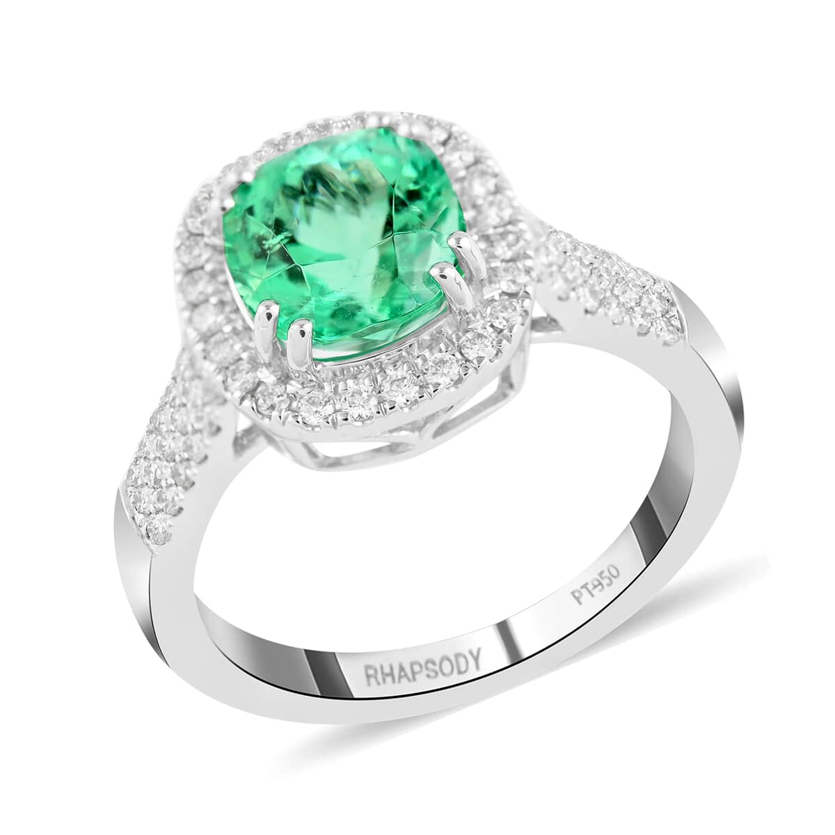 Certified & Appraised Rhapsody 950 Platinum AAAA Boyaca Colombian Emerald and E-F VS Diamond Halo Ring (Size 6.0) 6.90 Grams 2.60 ctw image number 0