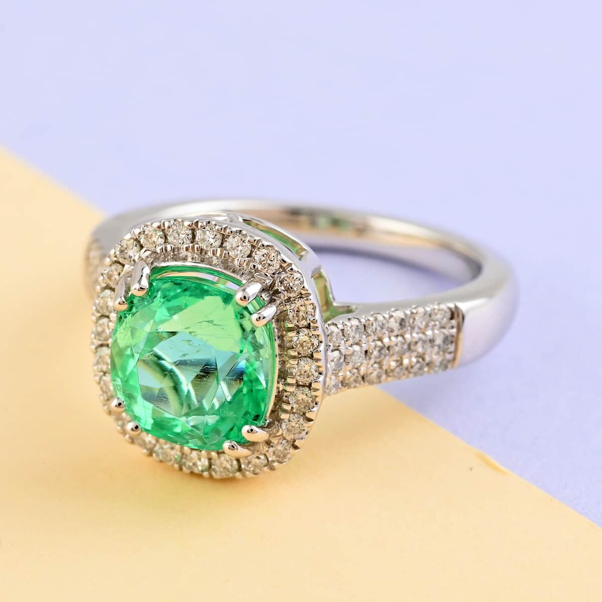 Certified & Appraised Rhapsody 950 Platinum AAAA Boyaca Colombian Emerald and E-F VS Diamond Halo Ring (Size 6.0) 6.90 Grams 2.60 ctw image number 1