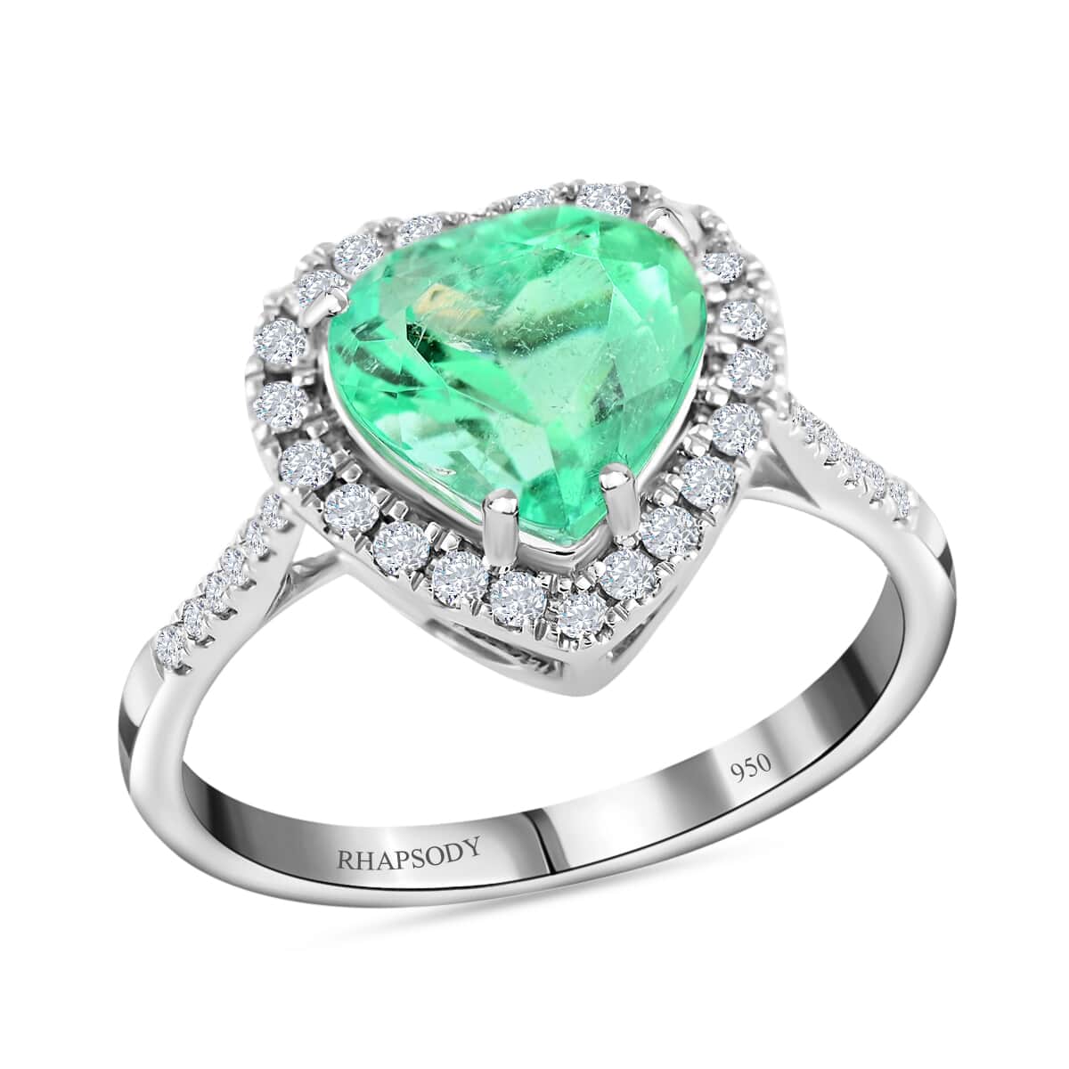 Certified & Appraised Rhapsody 950 Platinum AAAA Boyaca Colombian Emerald and E-F VS Diamond Heart Halo Ring (Size 6.0) 4.30 Grams 2.25 ctw image number 0