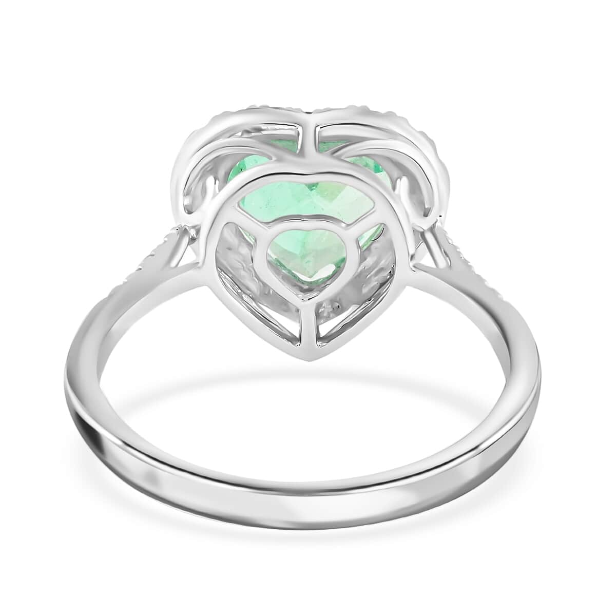 Certified and Appraised RHAPSODY 950 Platinum AAAA Colombian Emerald and E-F VS Diamond Heart Halo Ring 4.30 Grams 2.25 ctw image number 4