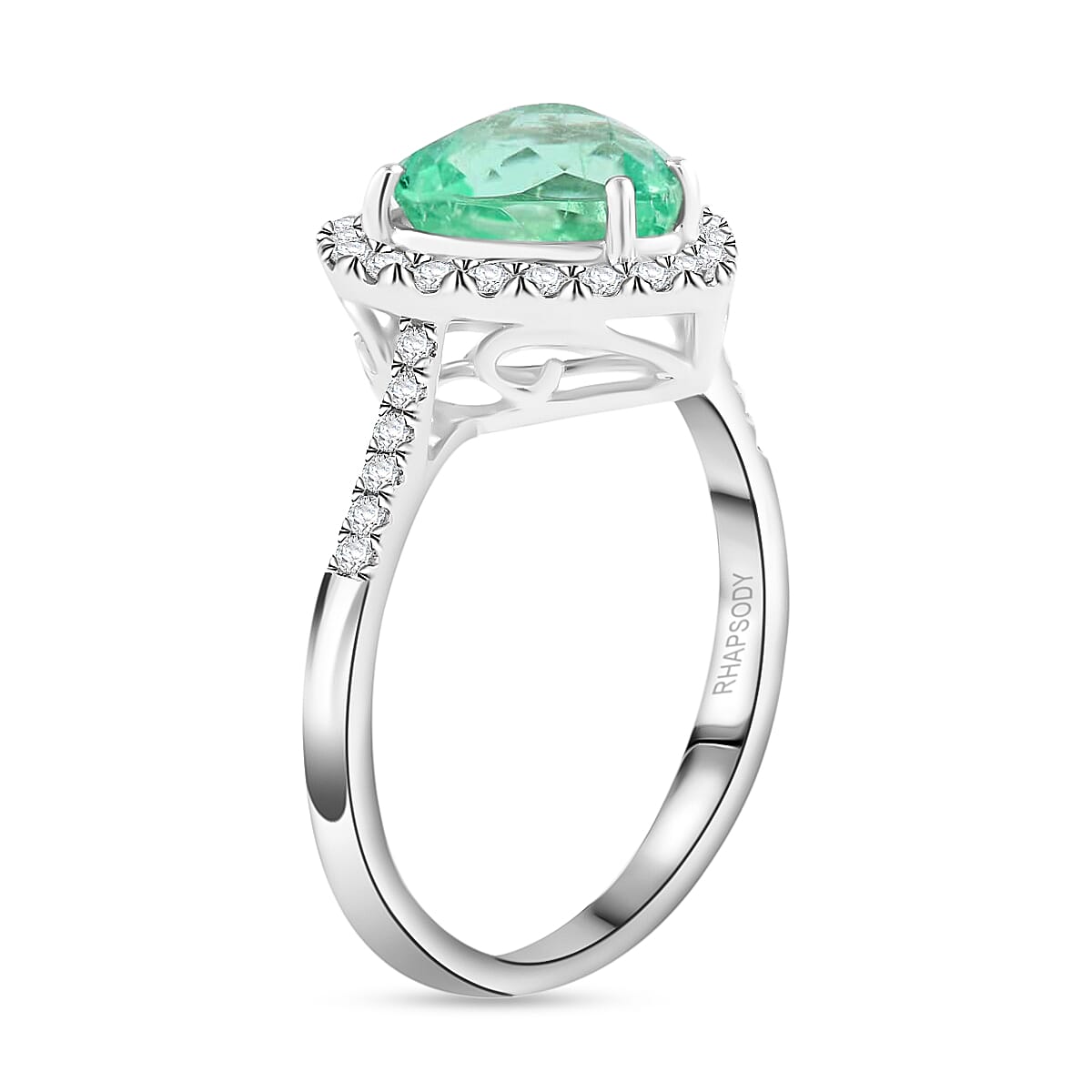 Certified & Appraised Rhapsody 950 Platinum AAAA Boyaca Colombian Emerald and E-F VS Diamond Heart Halo Ring (Size 8.0) 4.30 Grams 2.25 ctw image number 3