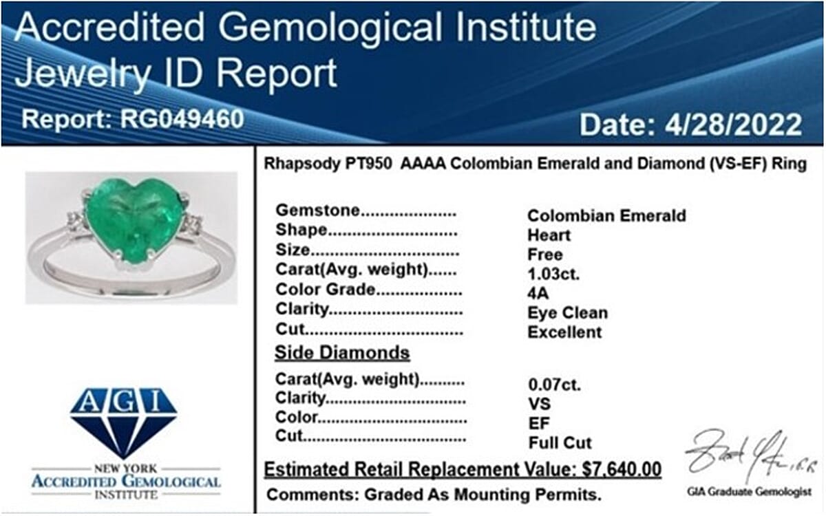 Certified & Appraised RHAPSODY 950 Platinum AAAA Colombian Emerald and E-F VS Diamond Ring (Size 6.0) 3.75 Grams 1.05 ctw image number 6