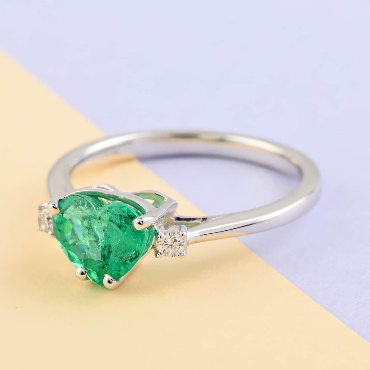 Certified & Appraised RHAPSODY 950 Platinum AAAA Boyaca Colombian Emerald and E-F VS Diamond Ring (Size 8.0) 3.75 Grams 1.05 ctw image number 1