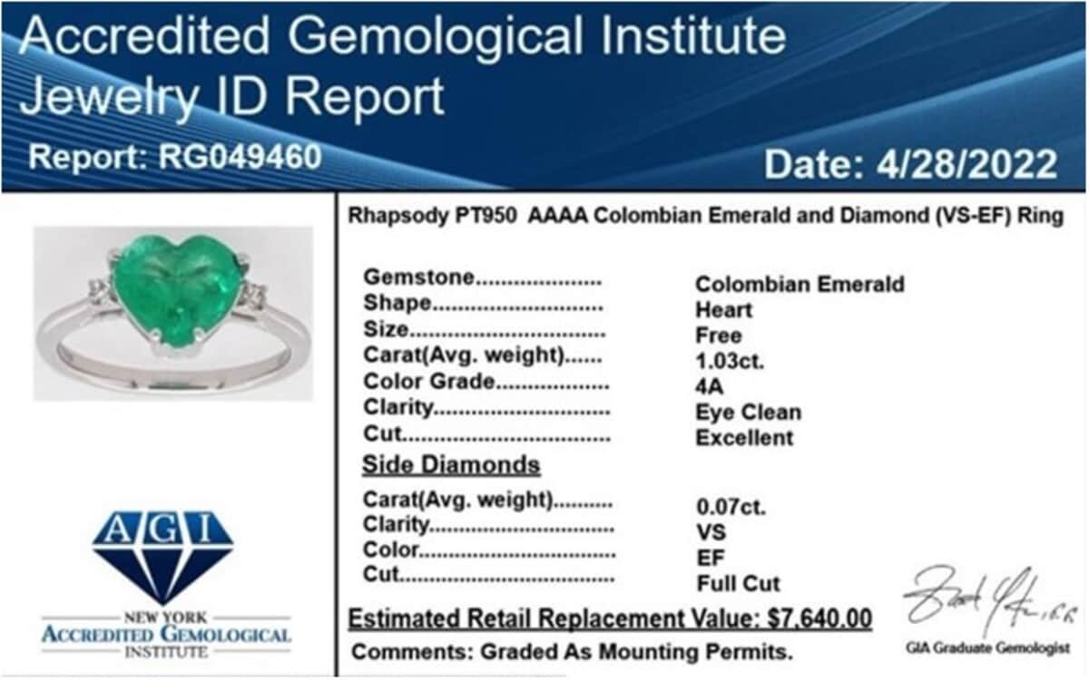 Certified & Appraised RHAPSODY 950 Platinum AAAA Boyaca Colombian Emerald and E-F VS Diamond Ring (Size 8.0) 3.75 Grams 1.05 ctw image number 6
